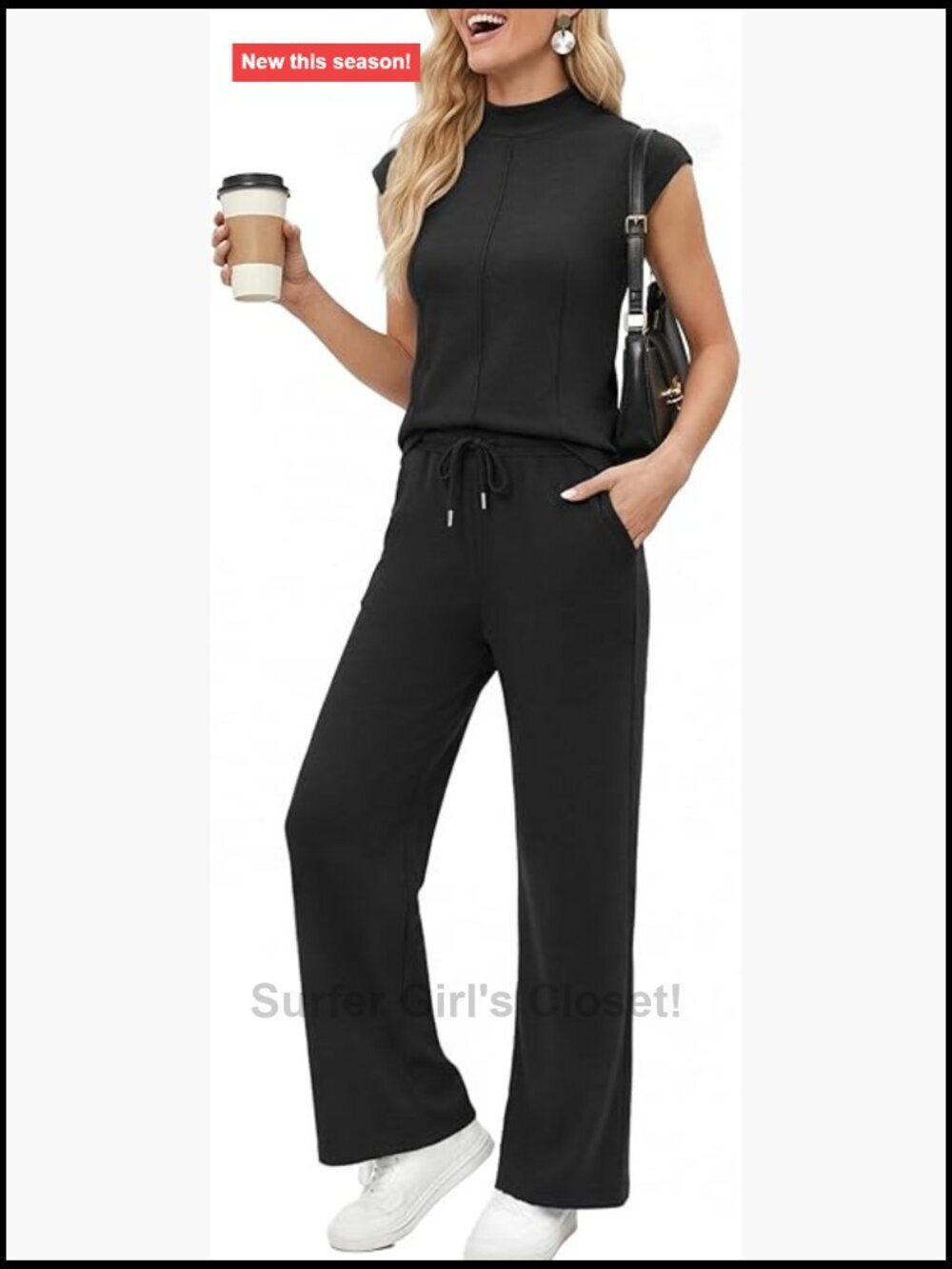 Women's Two Piece Lounge Set Mock Neck Cap Sleeve Top Wide Leg Pants